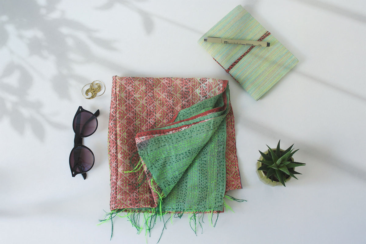 Wild Sage— Reversible Kantha Silk Scarf