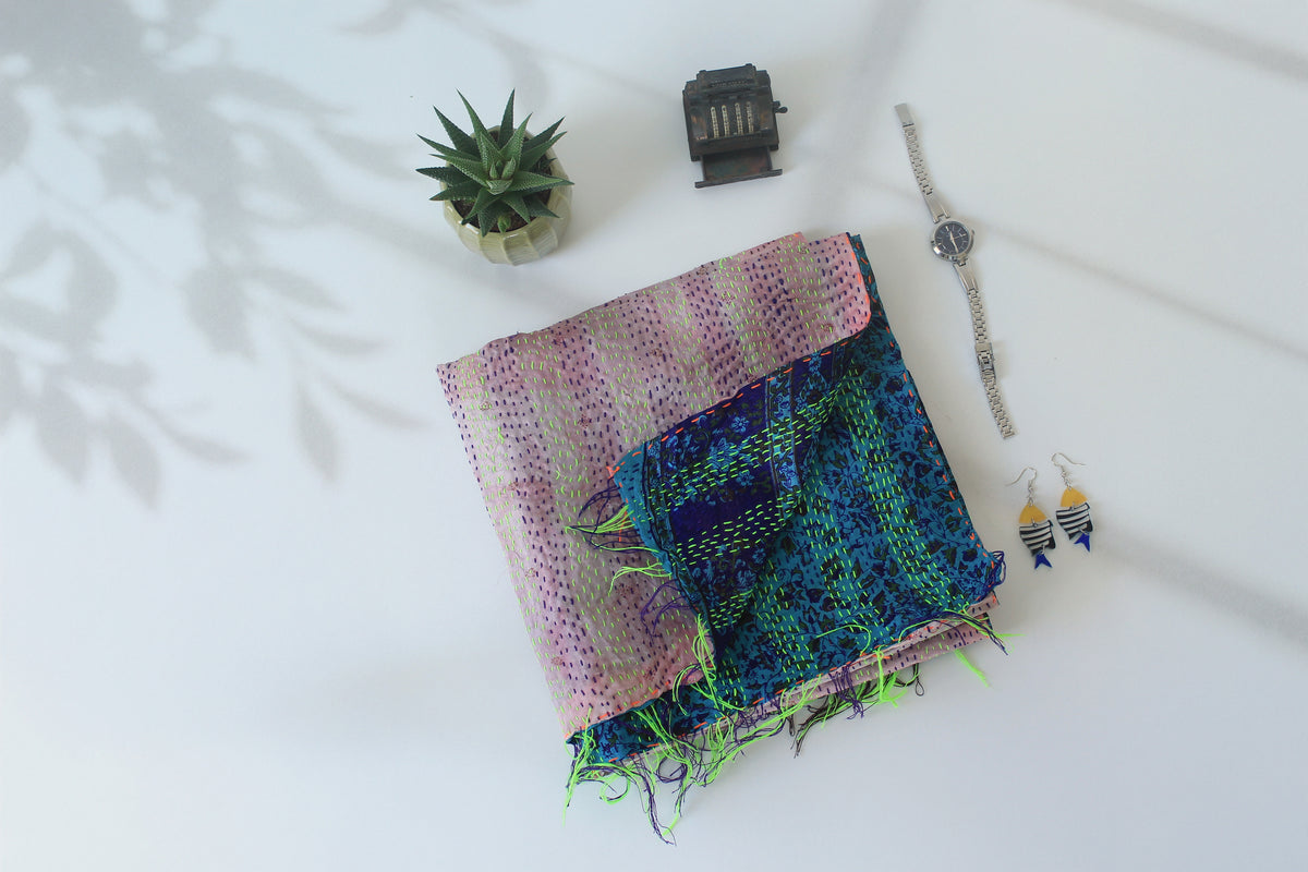 River Mist— Reversible Kantha Silk Scarf