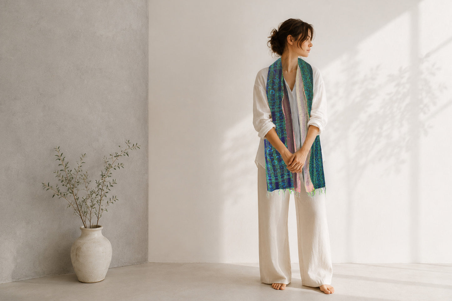River Mist— Reversible Kantha Silk Scarf